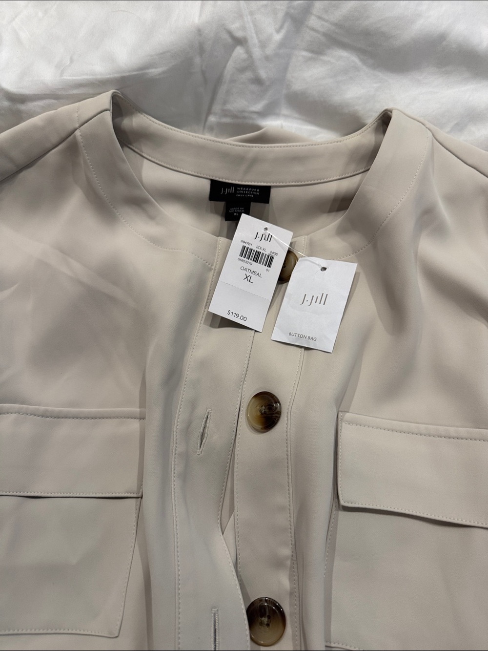 J. Jill Oatmeal Collarless Utility Jacket with Tortoiseshell Buttons